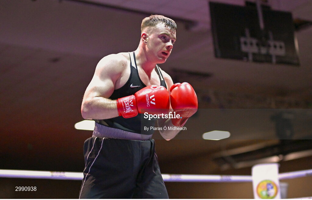 13 November 2024; Ryan Collins Murphy of St Monica's BC, Newry, in action against Jason Clancy of Sean McDermott BC, Leitrim, during the 86kg semi-final bout at the IABA National Elite Boxing Championships 2025 Finals at the National Boxing Stadium in Dublin. Photo by Piaras Ó Mídheach/Sportsfile