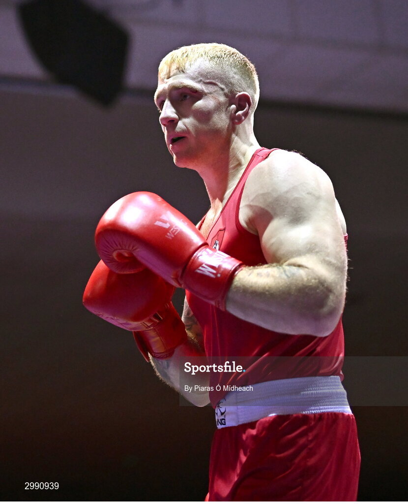 13 November 2024; Shane Cunningham of Elite Cork BC in action against Brian Kennedy of St Brigid’s Edenderry, Offaly/Defence Forces during the 86kg semi-final bout at the IABA National Elite Boxing Championships 2025 Finals at the National Boxing Stadium in Dublin. Photo by Piaras Ó Mídheach/Sportsfile