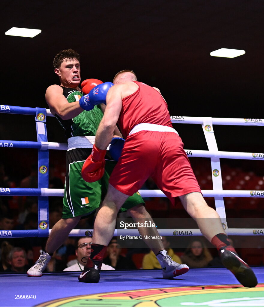 13 November 2024; Brian Kennedy of St Brigid’s Edenderry, Offaly/Defence Forces, left, in action against Shane Cunningham of Elite Cork BC during the 86kg semi-final bout at the IABA National Elite Boxing Championships 2025 Finals at the National Boxing Stadium in Dublin. Photo by Piaras Ó Mídheach/Sportsfile