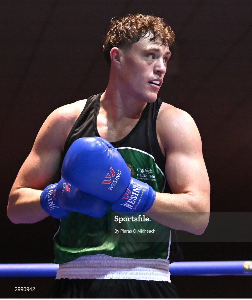 13 November 2024; Brian Kennedy of St Brigid’s Edenderry, Offaly/Defence Forces, in action against Shane Cunningham of Elite Cork BC during the 86kg semi-final bout at the IABA National Elite Boxing Championships 2025 Finals at the National Boxing Stadium in Dublin. Photo by Piaras Ó Mídheach/Sportsfile