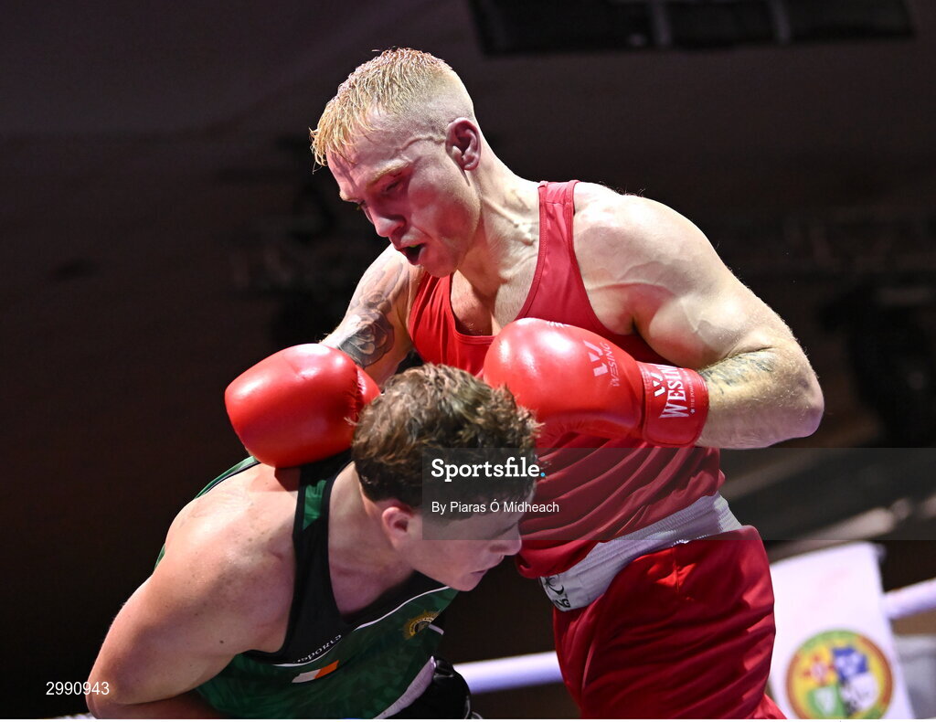 13 November 2024; Shane Cunningham of Elite Cork BC, right, left, in action against Brian Kennedy of St Brigid’s Edenderry, Offaly/Defence Forces during the 86kg semi-final bout at the IABA National Elite Boxing Championships 2025 Finals at the National Boxing Stadium in Dublin. Photo by Piaras Ó Mídheach/Sportsfile