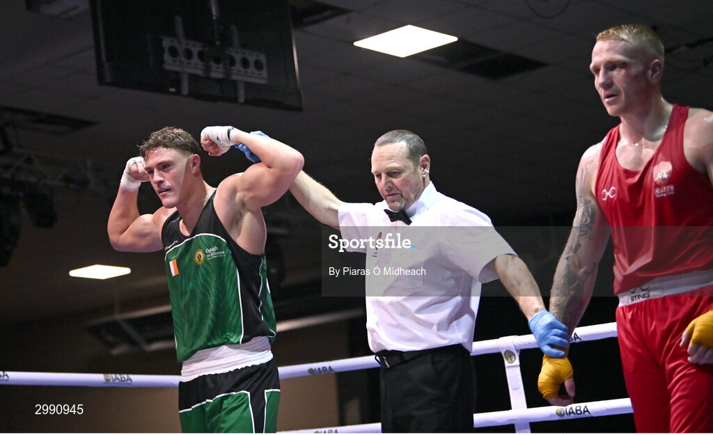 13 November 2024; Brian Kennedy of St Brigid’s Edenderry, Offaly/Defence Forces, left, is declared the winner over Shane Cunningham of Elite Cork BC after the 86kg semi-final bout at the IABA National Elite Boxing Championships 2025 Finals at the National Boxing Stadium in Dublin. Photo by Piaras Ó Mídheach/Sportsfile