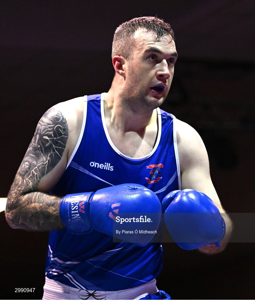13 November 2024; Wayne Rafferty of Dublin Docklands BC in action against Jack Marley of Monkstown BC, Dublin, during the 92kg semi-final bout at the IABA National Elite Boxing Championships 2025 Finals at the National Boxing Stadium in Dublin. Photo by Piaras Ó Mídheach/Sportsfile