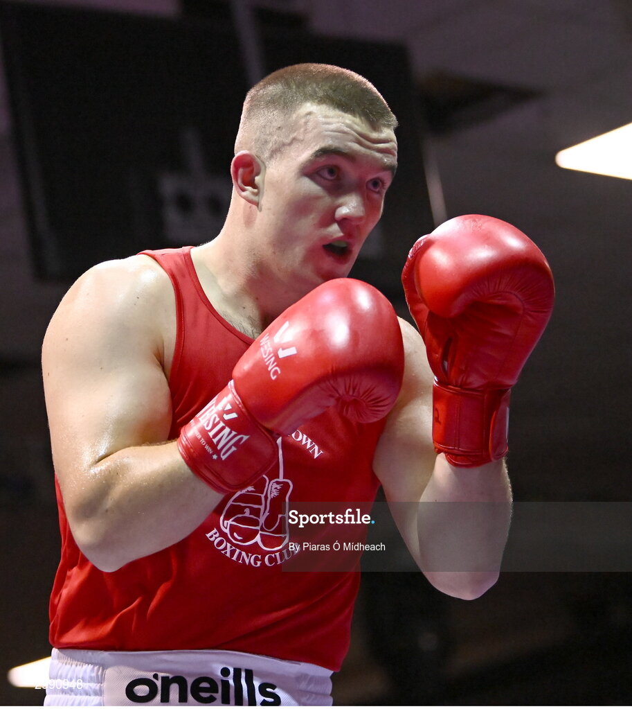 13 November 2024; Jack Marley of Monkstown BC, Dublin, in action against Wayne Rafferty of Dublin Docklands BC, during the 92kg semi-final bout at the IABA National Elite Boxing Championships 2025 Finals at the National Boxing Stadium in Dublin. Photo by Piaras Ó Mídheach/Sportsfile