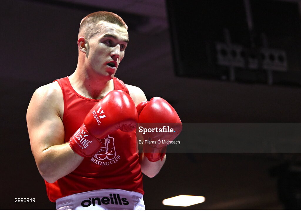13 November 2024; Jack Marley of Monkstown BC, Dublin, in action against Wayne Rafferty of Dublin Docklands BC, during the 92kg semi-final bout at the IABA National Elite Boxing Championships 2025 Finals at the National Boxing Stadium in Dublin. Photo by Piaras Ó Mídheach/Sportsfile