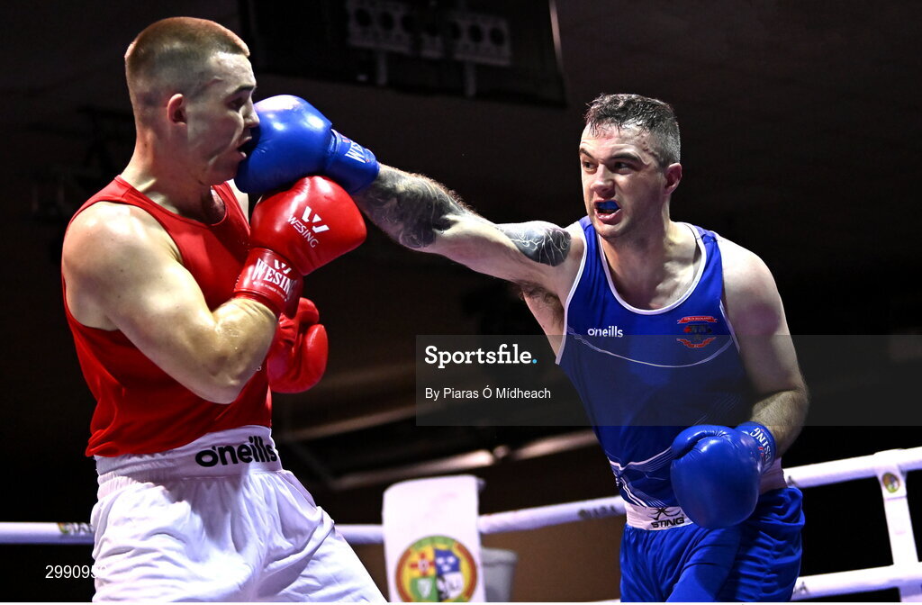 13 November 2024; Wayne Rafferty of Dublin Docklands BC, right, in action against Jack Marley of Monkstown BC, Dublin, during the 92kg semi-final bout at the IABA National Elite Boxing Championships 2025 Finals at the National Boxing Stadium in Dublin. Photo by Piaras Ó Mídheach/Sportsfile
