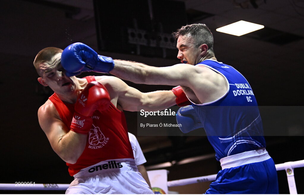 13 November 2024; Wayne Rafferty of Dublin Docklands BC, right, in action against Jack Marley of Monkstown BC, Dublin, during the 92kg semi-final bout at the IABA National Elite Boxing Championships 2025 Finals at the National Boxing Stadium in Dublin. Photo by Piaras Ó Mídheach/Sportsfile