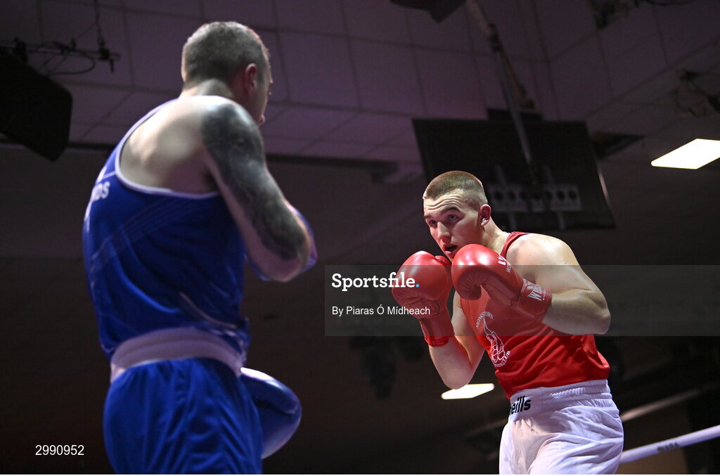 13 November 2024; Jack Marley of Monkstown BC, Dublin, right, in action against Wayne Rafferty of Dublin Docklands BC, during the 92kg semi-final bout at the IABA National Elite Boxing Championships 2025 Finals at the National Boxing Stadium in Dublin. Photo by Piaras Ó Mídheach/Sportsfile
