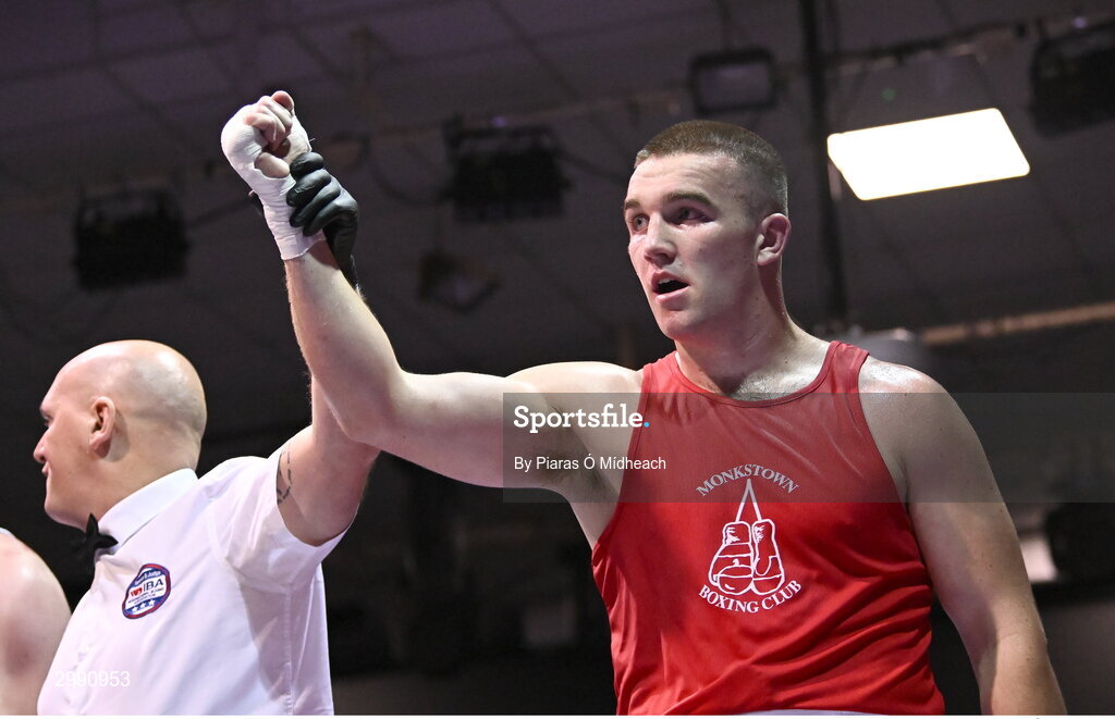 13 November 2024; Jack Marley of Monkstown BC, Dublin, is declared the winner over Wayne Rafferty of Dublin Docklands BC, after the 92kg semi-final bout at the IABA National Elite Boxing Championships 2025 Finals at the National Boxing Stadium in Dublin. Photo by Piaras Ó Mídheach/Sportsfile