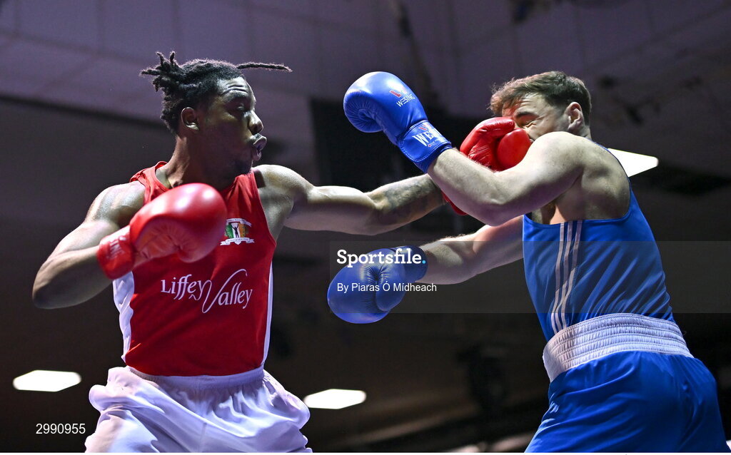 13 November 2024; Nathan Ojo of Esker BC, Dublin, left, in action against James Clarke of Crumlin BC, Dublin, during the 92kg semi-final bout at the IABA National Elite Boxing Championships 2025 Finals at the National Boxing Stadium in Dublin. Photo by Piaras Ó Mídheach/Sportsfile