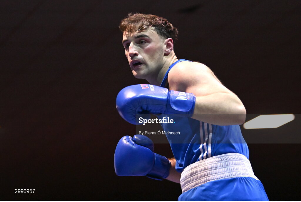 13 November 2024; James Clarke of Crumlin BC, Dublin, in action against Nathan Ojo of Esker BC, Dublin, during the 92kg semi-final bout at the IABA National Elite Boxing Championships 2025 Finals at the National Boxing Stadium in Dublin. Photo by Piaras Ó Mídheach/Sportsfile