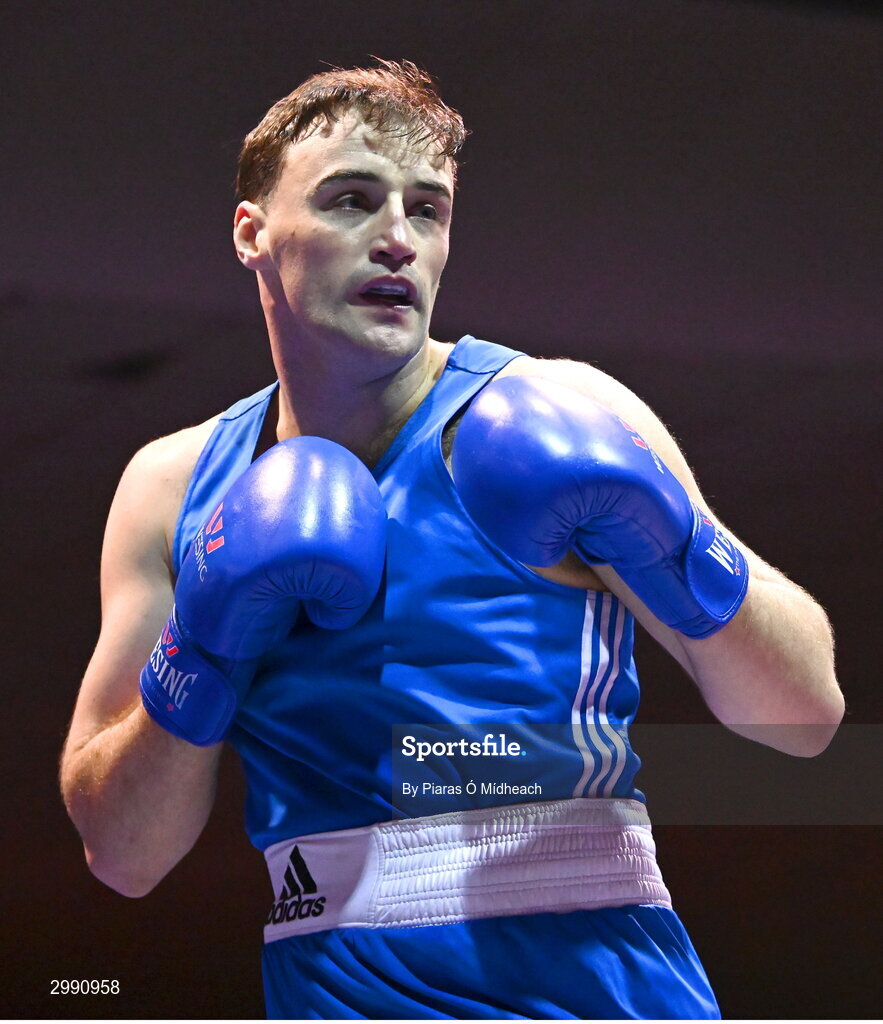13 November 2024; James Clarke of Crumlin BC, Dublin, in action against Nathan Ojo of Esker BC, Dublin, during the 92kg semi-final bout at the IABA National Elite Boxing Championships 2025 Finals at the National Boxing Stadium in Dublin. Photo by Piaras Ó Mídheach/Sportsfile
