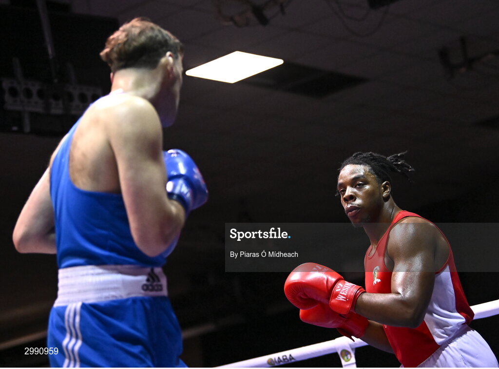 13 November 2024; Nathan Ojo of Esker BC, Dublin in action against James Clarke of Crumlin BC, Dublin, during the 92kg semi-final bout at the IABA National Elite Boxing Championships 2025 Finals at the National Boxing Stadium in Dublin. Photo by Piaras Ó Mídheach/Sportsfile