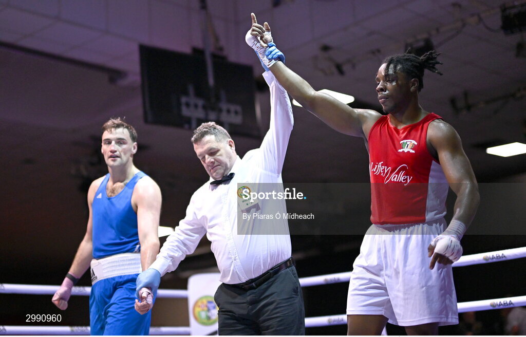 13 November 2024; Nathan Ojo of Esker BC, Dublin, right, is declared the winner over James Clarke of Crumlin BC, Dublin, after the 92kg semi-final bout at the IABA National Elite Boxing Championships 2025 Finals at the National Boxing Stadium in Dublin. Photo by Piaras Ó Mídheach/Sportsfile