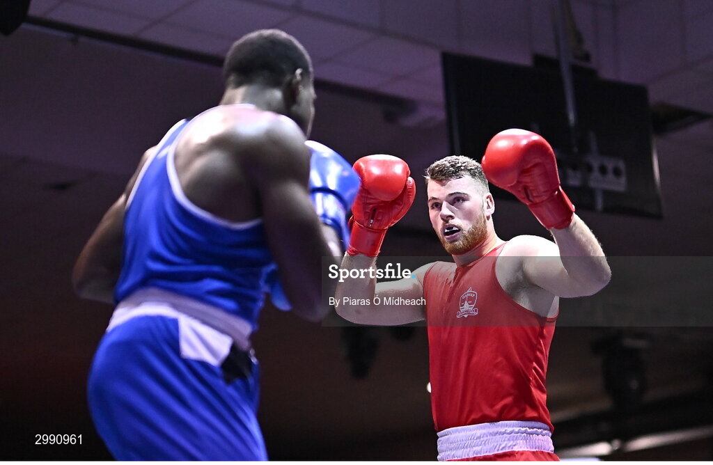 13 November 2024; Martin McDonagh of Galway BC, right, in action against Samuel Ilesanmi of St Mary’s BC, Dublin, during the 92+kg semi-final bout at the IABA National Elite Boxing Championships 2025 Finals at the National Boxing Stadium in Dublin. Photo by Piaras Ó Mídheach/Sportsfile