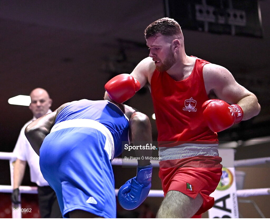 13 November 2024; Martin McDonagh of Galway BC, right, in action against Samuel Ilesanmi of St Mary’s BC, Dublin, during the 92+kg semi-final bout at the IABA National Elite Boxing Championships 2025 Finals at the National Boxing Stadium in Dublin. Photo by Piaras Ó Mídheach/Sportsfile
