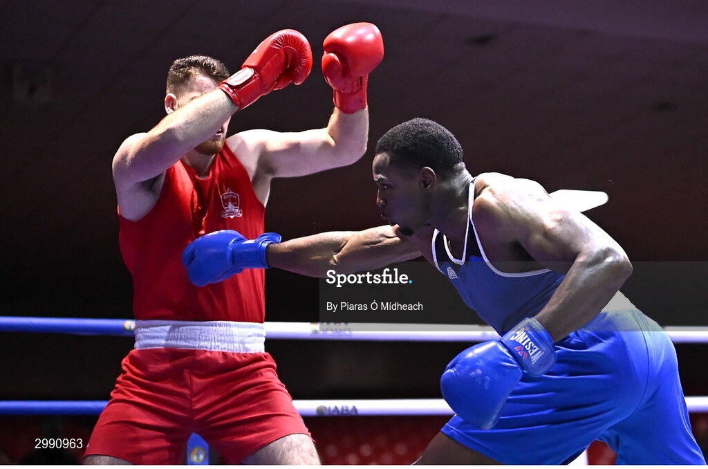 13 November 2024; Samuel Ilesanmi of St Mary’s BC, Dublin, right, in action against Martin McDonagh of Galway BC during the 92+kg semi-final bout at the IABA National Elite Boxing Championships 2025 Finals at the National Boxing Stadium in Dublin. Photo by Piaras Ó Mídheach/Sportsfile