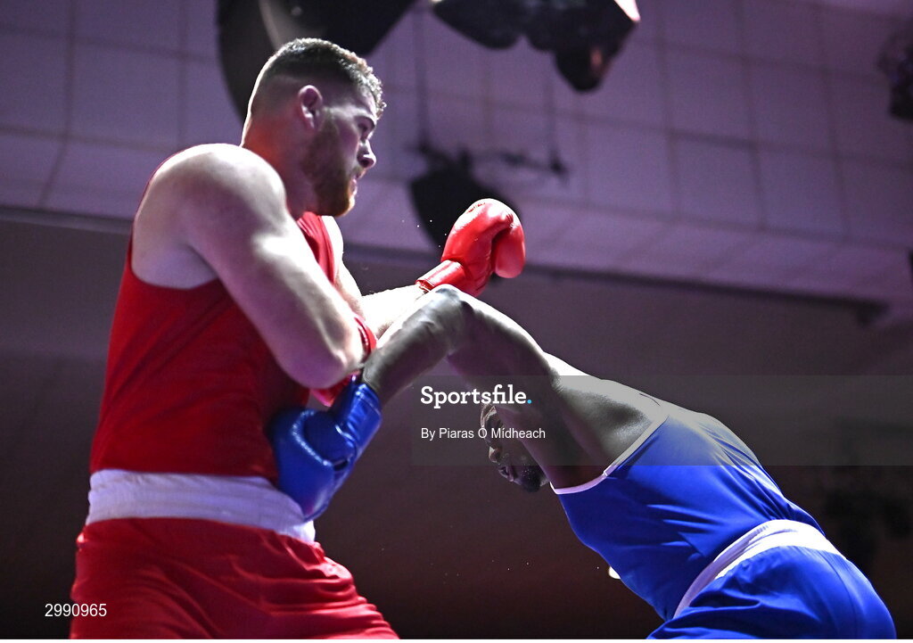 13 November 2024; Samuel Ilesanmi of St Mary’s BC, Dublin, right, in action against Martin McDonagh of Galway BC during the 92+kg semi-final bout at the IABA National Elite Boxing Championships 2025 Finals at the National Boxing Stadium in Dublin. Photo by Piaras Ó Mídheach/Sportsfile