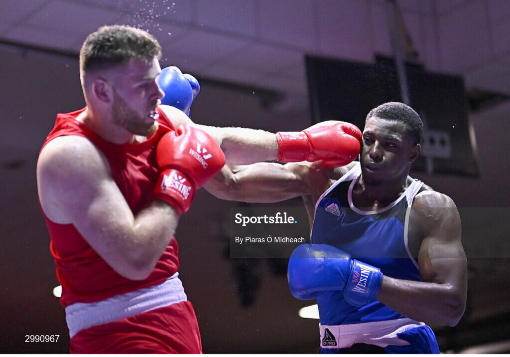 13 November 2024; Martin McDonagh of Galway BC, left, in action against Samuel Ilesanmi of St Mary’s BC, Dublin, during the 92+kg semi-final bout at the IABA National Elite Boxing Championships 2025 Finals at the National Boxing Stadium in Dublin. Photo by Piaras Ó Mídheach/Sportsfile