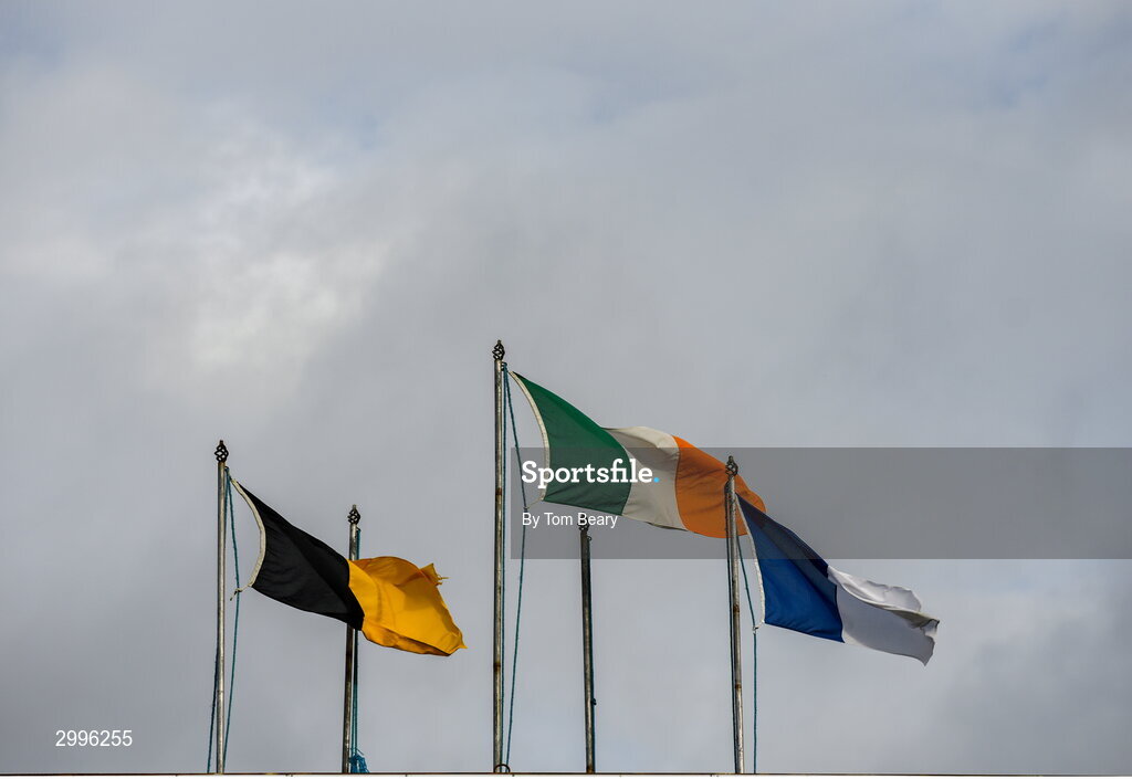 17 November 2024; The flags of, from left, Castletown Geoghegan, Ireland and Thomastown flying inside the ground before the AIB Leinster GAA Senior Club Hurling Championship quarter-final match between Castletown Geoghegan and Thomastown at TEG Cusack Park in Mullingar, Westmeath. Photo by Tom Beary/Sportsfile