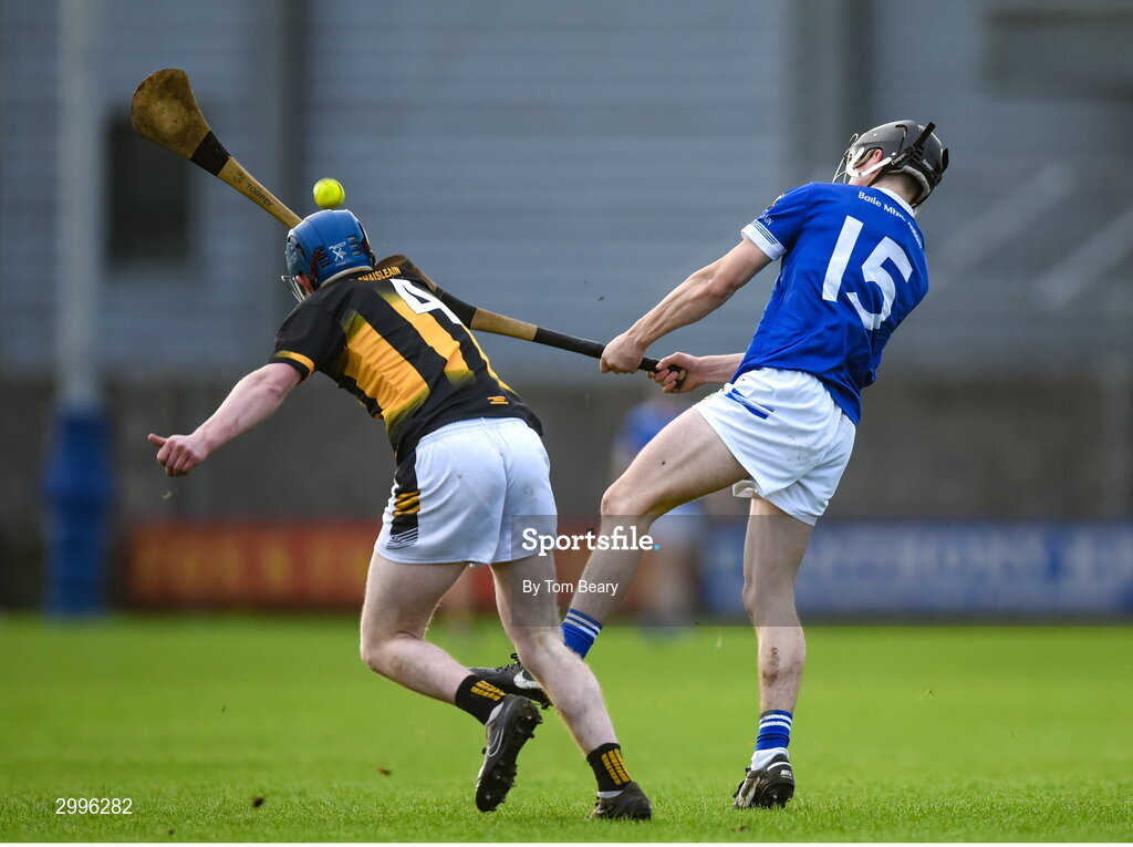 17 November 2024; Colm Treacy of Thomastown shoots to score despite the attempted block of David Maloney of Castletown Geoghegan the first point of the AIB Leinster GAA Senior Club Hurling Championship quarter-final match between Castletown Geoghegan and Thomastown at TEG Cusack Park in Mullingar, Westmeath. Photo by Tom Beary/Sportsfile