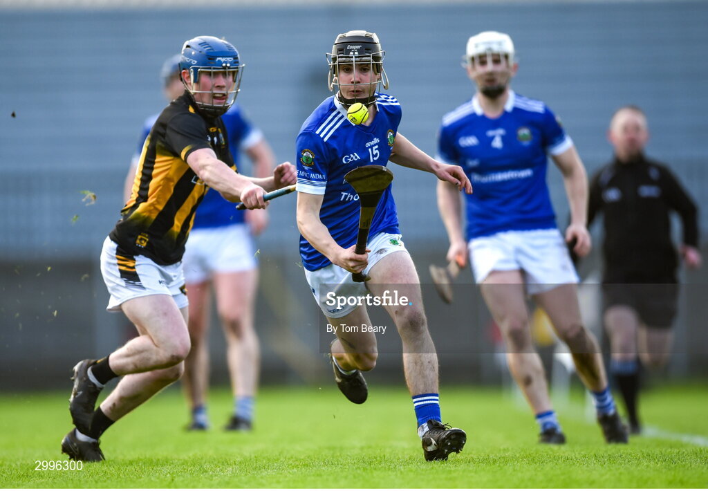 17 November 2024; Colm Treacy of Thomastown is tackled by David Maloney of Castletown Geoghegan during the AIB Leinster GAA Senior Club Hurling Championship quarter-final match between Castletown Geoghegan and Thomastown at TEG Cusack Park in Mullingar, Westmeath. Photo by Tom Beary/Sportsfile