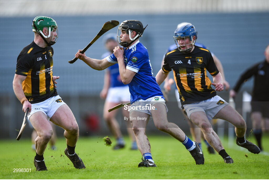 17 November 2024; Colm Treacy of Thomastown is tackled by Morgan Gavigan, left, and David Maloney of Castletown Geoghegan during the AIB Leinster GAA Senior Club Hurling Championship quarter-final match between Castletown Geoghegan and Thomastown at TEG Cusack Park in Mullingar, Westmeath. Photo by Tom Beary/Sportsfile