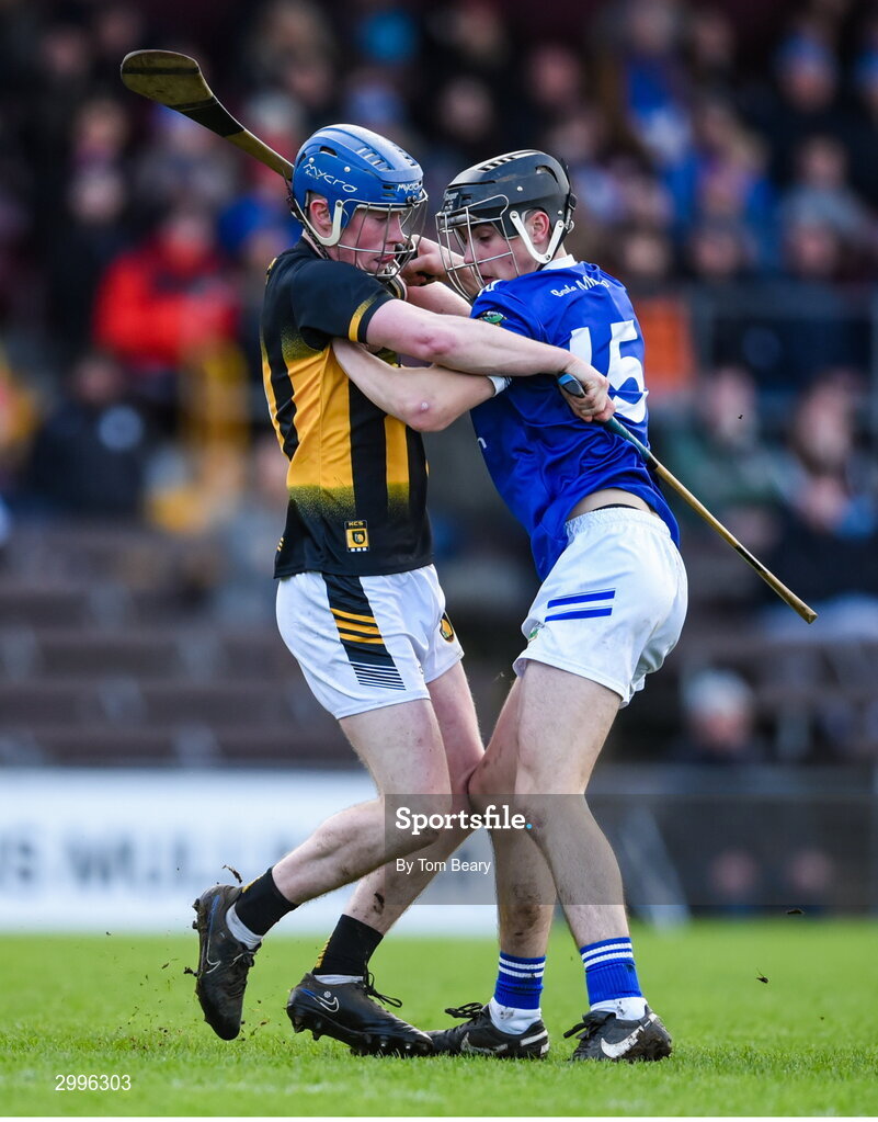 17 November 2024; David Maloney of Castletown Geoghegan is tackled by Colm Treacy of Thomastown during the AIB Leinster GAA Senior Club Hurling Championship quarter-final match between Castletown Geoghegan and Thomastown at TEG Cusack Park in Mullingar, Westmeath. Photo by Tom Beary/Sportsfile