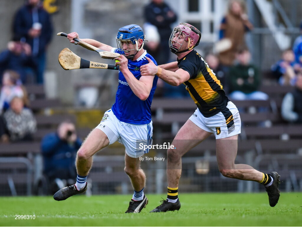 17 November 2024; Stephen Donnelly of Thomastown is tackled by Johnnie Bermingham of Castletown Geoghegan during the AIB Leinster GAA Senior Club Hurling Championship quarter-final match between Castletown Geoghegan and Thomastown at TEG Cusack Park in Mullingar, Westmeath. Photo by Tom Beary/Sportsfile