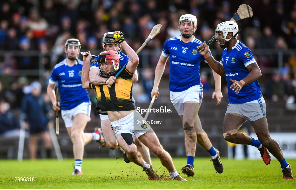17 November 2024; Peter Clarke of Castletown Geoghegan is fouled by Jay Burke of Thomastown during the AIB Leinster GAA Senior Club Hurling Championship quarter-final match between Castletown Geoghegan and Thomastown at TEG Cusack Park in Mullingar, Westmeath. Photo by Tom Beary/Sportsfile