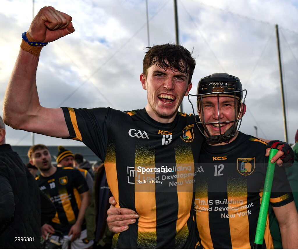 17 November 2024; David O'Reilly, left, and Liam Varley of Castletown Geoghegan after their side's victory in the AIB Leinster GAA Senior Club Hurling Championship quarter-final match between Castletown Geoghegan and Thomastown at TEG Cusack Park in Mullingar, Westmeath. Photo by Tom Beary/Sportsfile
