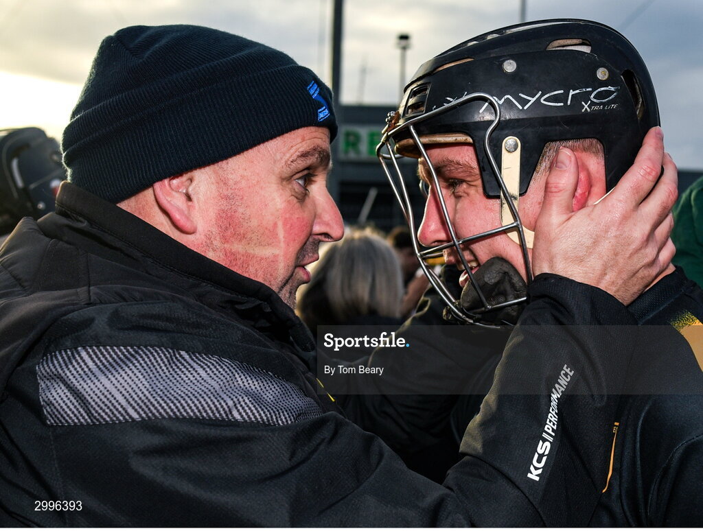 17 November 2024; Luke Connellan of Thomastown celebrates his side’s victory with a supporter after the AIB Leinster GAA Senior Club Hurling Championship quarter-final match between Castletown Geoghegan and Thomastown at TEG Cusack Park in Mullingar, Westmeath. Photo by Tom Beary/Sportsfile