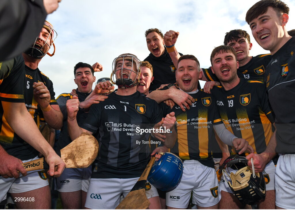 17 November 2024; Castletown Geoghegan players, from left, Ciaran O'Brien, Fergal O'Brien and Padraig Keane after their side's victory in the AIB Leinster GAA Senior Club Hurling Championship quarter-final match between Castletown Geoghegan and Thomastown at TEG Cusack Park in Mullingar, Westmeath. Photo by Tom Beary/Sportsfile