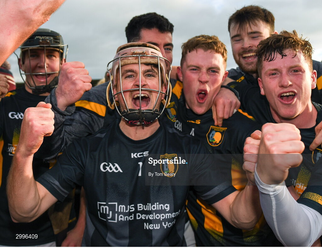 17 November 2024; Castletown Geoghegan goalkeeper Ciaran O'Brien celebrates with teammates after their side's victory in the AIB Leinster GAA Senior Club Hurling Championship quarter-final match between Castletown Geoghegan and Thomastown at TEG Cusack Park in Mullingar, Westmeath. Photo by Tom Beary/Sportsfile