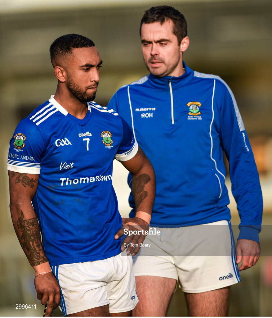 17 November 2024; Zach Bay Hammond, left, and Richard O'Hara of Thomastown react after their side's defeat in the AIB Leinster GAA Senior Club Hurling Championship quarter-final match between Castletown Geoghegan and Thomastown at TEG Cusack Park in Mullingar, Westmeath. Photo by Tom Beary/Sportsfile