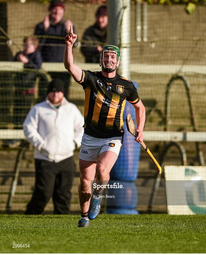 17 November 2024; Niall O'Brien of Castletown Geoghegan celebrates after scoring his side's first goal during the AIB Leinster GAA Senior Club Hurling Championship quarter-final match between Castletown Geoghegan and Thomastown at TEG Cusack Park in Mullingar, Westmeath. Photo by Tom Beary/Sportsfile