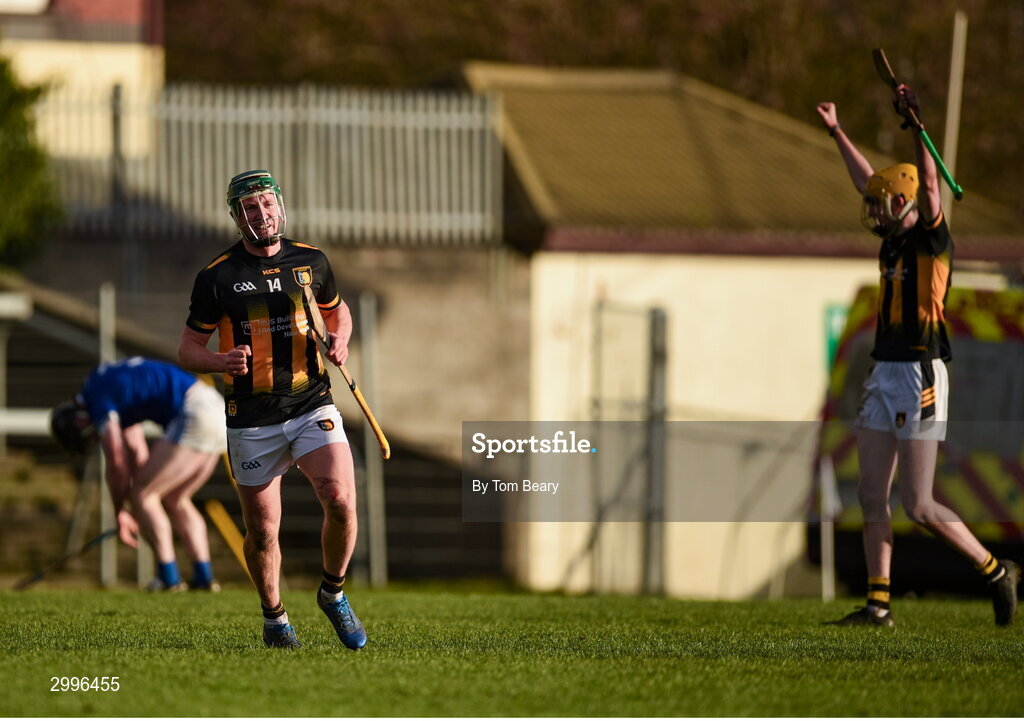 17 November 2024; Niall O'Brien of Castletown Geoghegan celebrates after scoring his side's first goal during the AIB Leinster GAA Senior Club Hurling Championship quarter-final match between Castletown Geoghegan and Thomastown at TEG Cusack Park in Mullingar, Westmeath. Photo by Tom Beary/Sportsfile