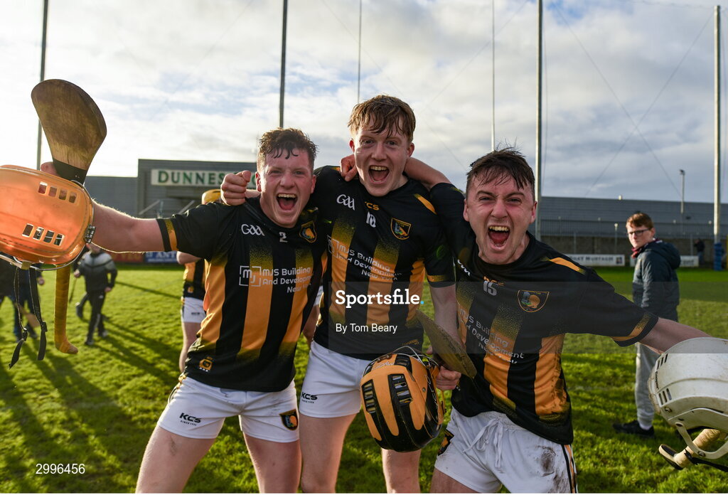 17 November 2024; Castletown Geoghegan players, from left, Peter Murphy, Conor Murphy and Jack Gallagher of Castletown Geoghegan after their side's victory in the AIB Leinster GAA Senior Club Hurling Championship quarter-final match between Castletown Geoghegan and Thomastown at TEG Cusack Park in Mullingar, Westmeath. Photo by Tom Beary/Sportsfile