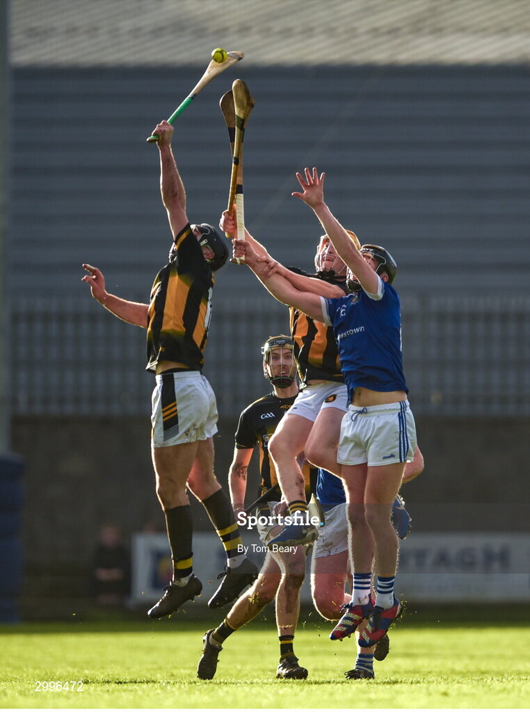 17 November 2024; Aonghus Clarke of Castletown Geoghegan in action against Robbie Donnelly of Thomastown during the AIB Leinster GAA Senior Club Hurling Championship quarter-final match between Castletown Geoghegan and Thomastown at TEG Cusack Park in Mullingar, Westmeath. Photo by Tom Beary/Sportsfile