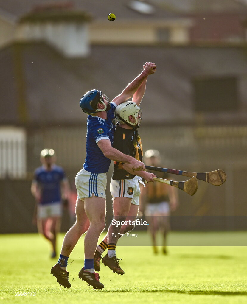 17 November 2024; David Prendergast of Thomastown in action against Jack Gallagher of Castletown Geoghegan during the AIB Leinster GAA Senior Club Hurling Championship quarter-final match between Castletown Geoghegan and Thomastown at TEG Cusack Park in Mullingar, Westmeath. Photo by Tom Beary/Sportsfile
