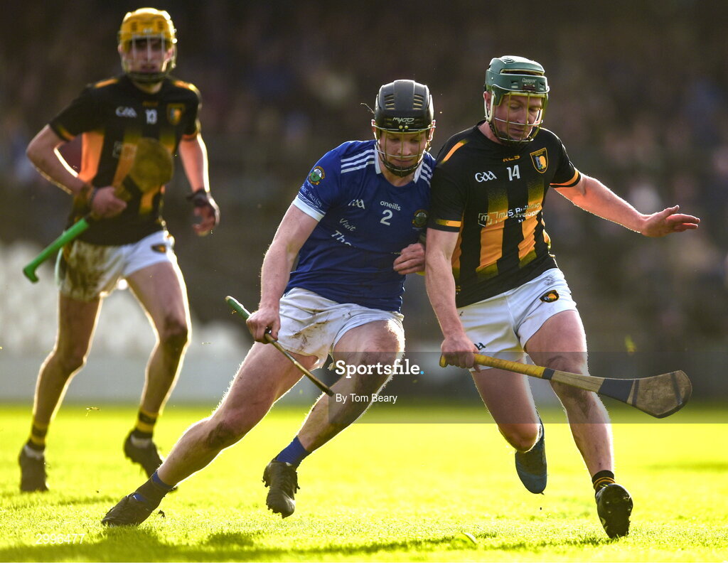 17 November 2024; Peter Connellan of Thomastown in action against Niall O'Brien of Castletown Geoghegan during the AIB Leinster GAA Senior Club Hurling Championship quarter-final match between Castletown Geoghegan and Thomastown at TEG Cusack Park in Mullingar, Westmeath. Photo by Tom Beary/Sportsfile