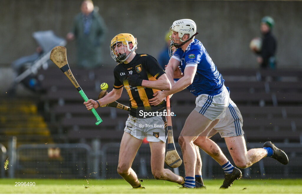 17 November 2024; David O'Reilly of Castletown Geoghegan is fouled by Peter Connellan of Thomastown during the AIB Leinster GAA Senior Club Hurling Championship quarter-final match between Castletown Geoghegan and Thomastown at TEG Cusack Park in Mullingar, Westmeath. Photo by Tom Beary/Sportsfile