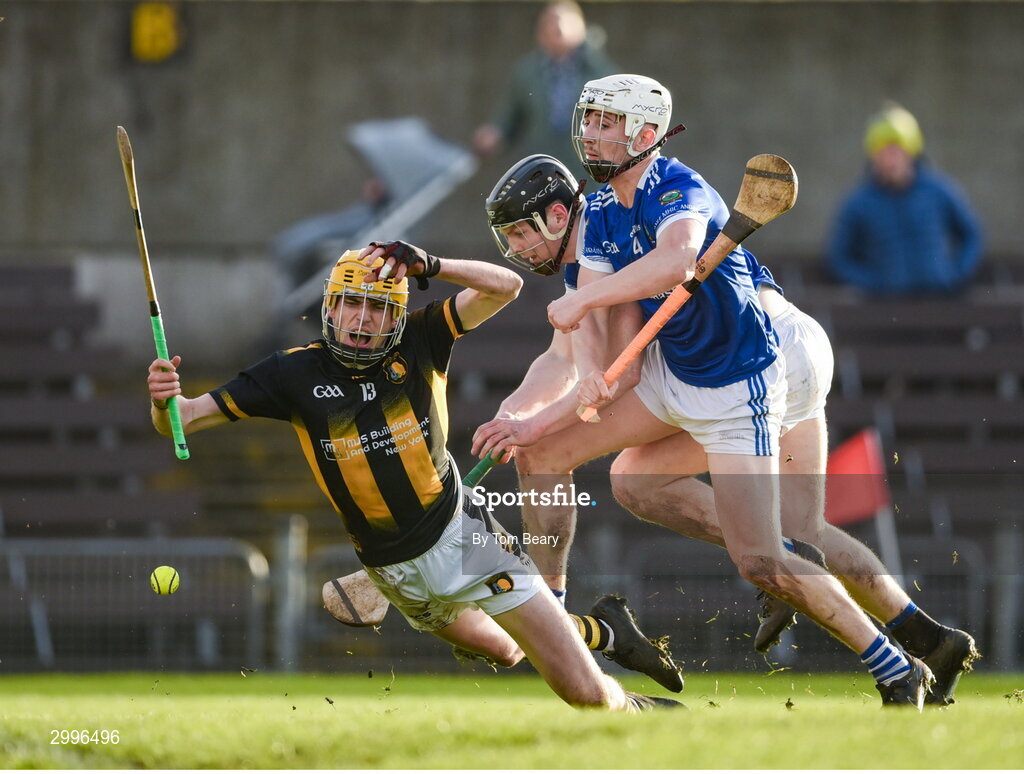 17 November 2024; David O'Reilly of Castletown Geoghegan is fouled by Peter Connellan of Thomastown during the AIB Leinster GAA Senior Club Hurling Championship quarter-final match between Castletown Geoghegan and Thomastown at TEG Cusack Park in Mullingar, Westmeath. Photo by Tom Beary/Sportsfile