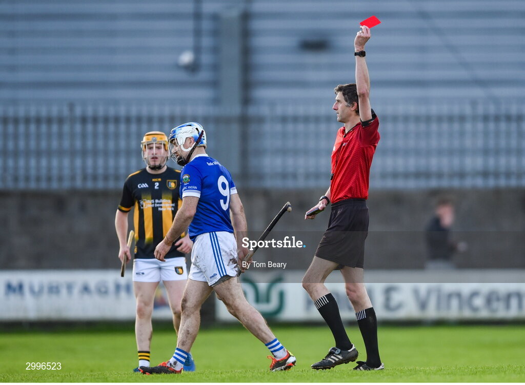 17 November 2024; Referee Conor Daly shows a red card to Jonjo Farrell of Thomastown during the AIB Leinster GAA Senior Club Hurling Championship quarter-final match between Castletown Geoghegan and Thomastown at TEG Cusack Park in Mullingar, Westmeath. Photo by Tom Beary/Sportsfile