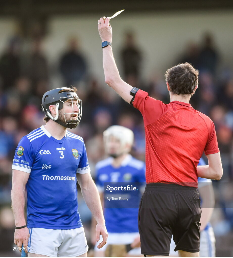 17 November 2024; Jay Burke of Thomastown reacts after being shown a yellow card by referee Conor Daly during the AIB Leinster GAA Senior Club Hurling Championship quarter-final match between Castletown Geoghegan and Thomastown at TEG Cusack Park in Mullingar, Westmeath. Photo by Tom Beary/Sportsfile