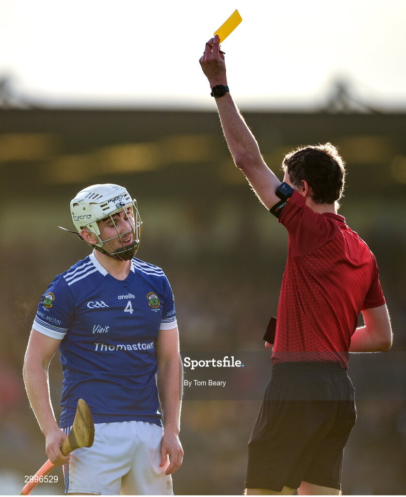 17 November 2024; Ned Kirwwan of Thomastown reacts after being shown a yellow card by referee Conor Daly during the AIB Leinster GAA Senior Club Hurling Championship quarter-final match between Castletown Geoghegan and Thomastown at TEG Cusack Park in Mullingar, Westmeath. Photo by Tom Beary/Sportsfile