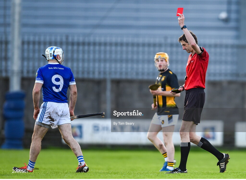 17 November 2024; Jonjo Farrell of Thomastown reacts after being shown a red card by referee Conor Daly during the AIB Leinster GAA Senior Club Hurling Championship quarter-final match between Castletown Geoghegan and Thomastown at TEG Cusack Park in Mullingar, Westmeath. Photo by Tom Beary/Sportsfile