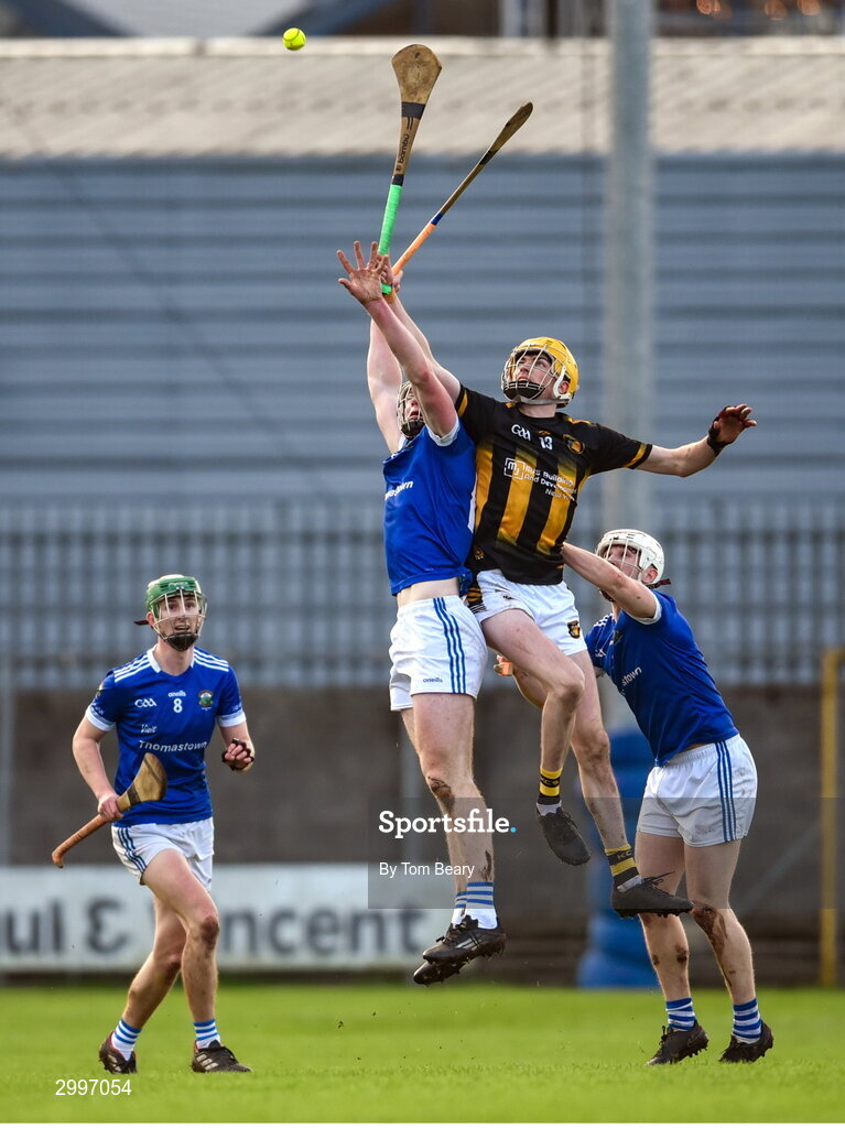 17 November 2024; Luke Connellan of Thomastown in action against David O'Reilly of Castletown Geoghegan during the AIB Leinster GAA Senior Club Hurling Championship quarter-final match between Castletown Geoghegan and Thomastown at TEG Cusack Park in Mullingar, Westmeath. Photo by Tom Beary/Sportsfile