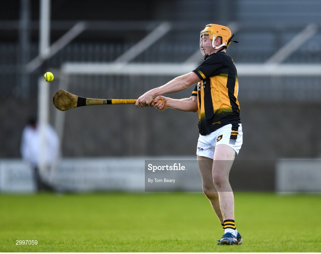 17 November 2024; Peter Murphy of Castletown Geoghegan scores a point during the AIB Leinster GAA Senior Club Hurling Championship quarter-final match between Castletown Geoghegan and Thomastown at TEG Cusack Park in Mullingar, Westmeath. Photo by Tom Beary/Sportsfile