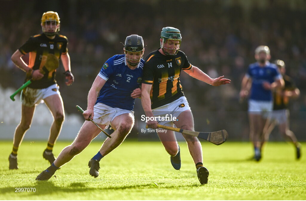 17 November 2024; Peter Connellan of Thomastown in action against Niall O'Brien of Castletown Geoghegan during the AIB Leinster GAA Senior Club Hurling Championship quarter-final match between Castletown Geoghegan and Thomastown at TEG Cusack Park in Mullingar, Westmeath. Photo by Tom Beary/Sportsfile